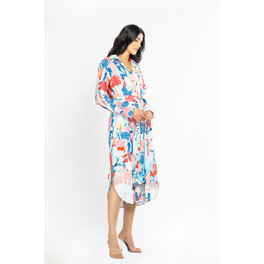 MANDIRA WIRK Cotton Poplin Printed Shirt Dress with Belt Blue & Pink (Set of 2)