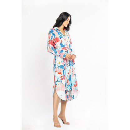 MANDIRA WIRK Cotton Poplin Printed Shirt Dress with Belt Blue & Pink (Set of 2)