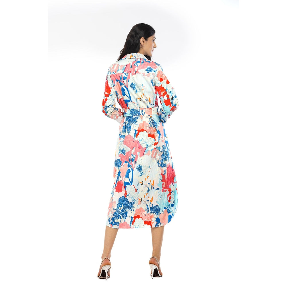 MANDIRA WIRK Cotton Poplin Printed Shirt Dress with Belt Blue & Pink (Set of 2)