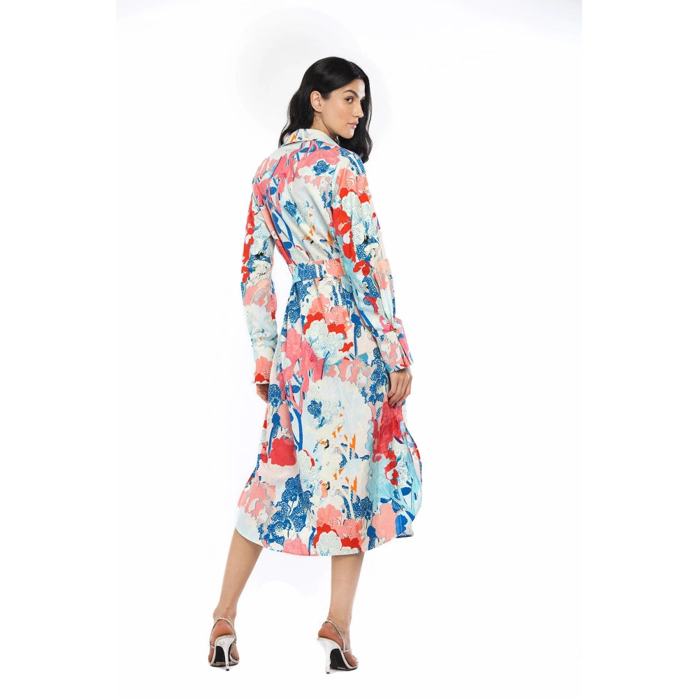 MANDIRA WIRK Cotton Poplin Printed Shirt Dress with Belt Blue & Pink (Set of 2)