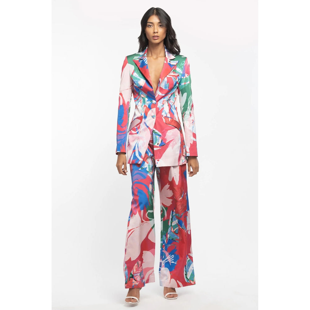 MANDIRA WIRK Satin Printed Jacket and Pant Red (Set of 2)