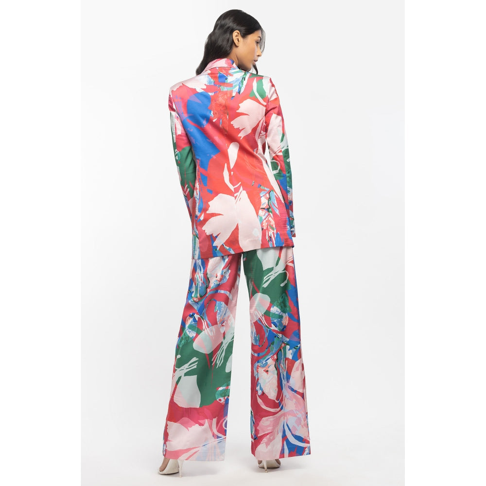 MANDIRA WIRK Satin Printed Jacket and Pant Red (Set of 2)