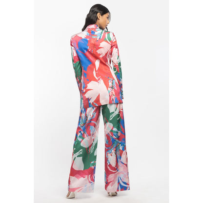 MANDIRA WIRK Satin Printed Jacket and Pant Red (Set of 2)