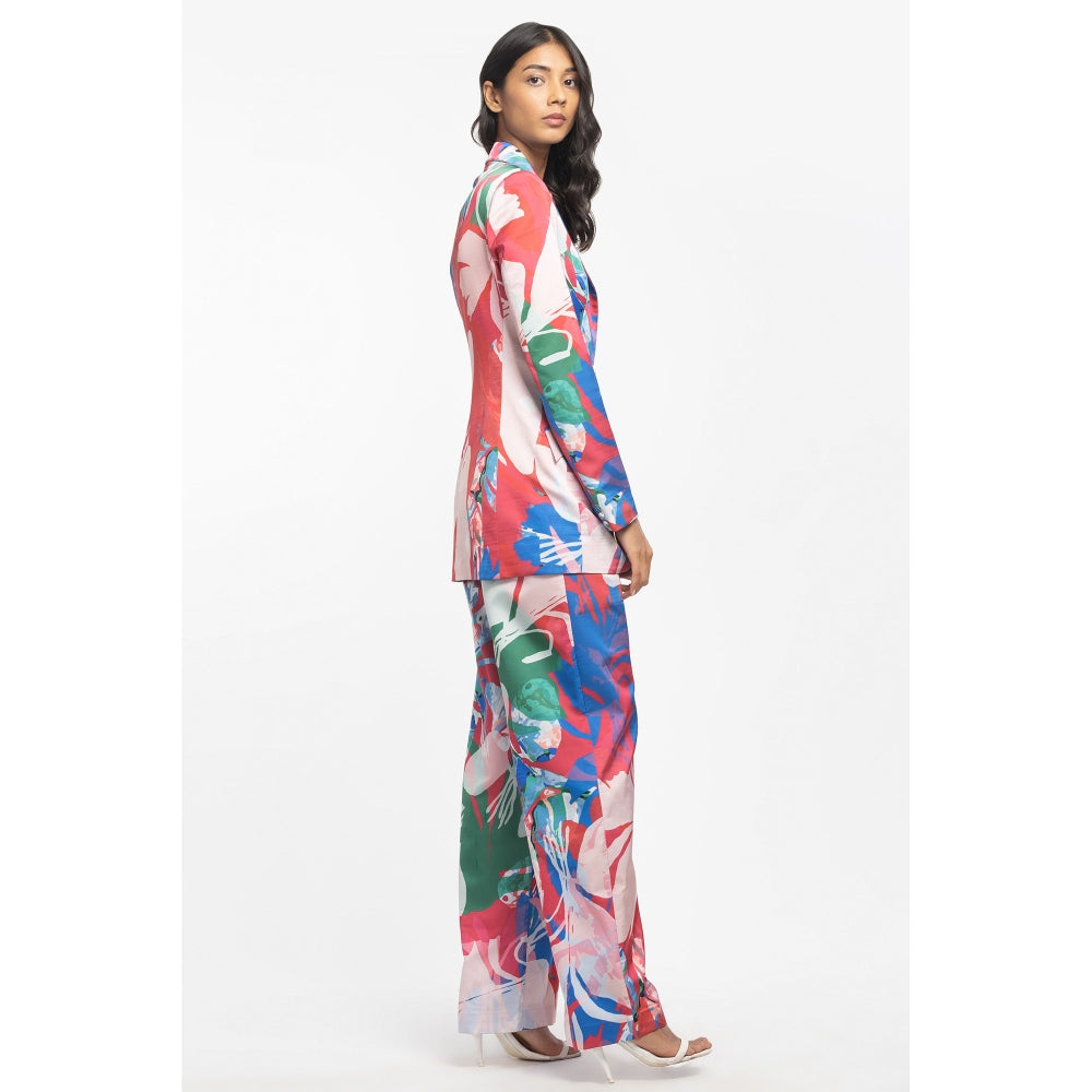 MANDIRA WIRK Satin Printed Jacket and Pant Red (Set of 2)