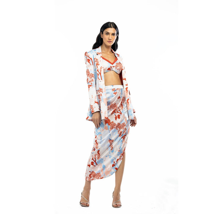 MANDIRA WIRK Satin Printed Jacket with Cowled Skirt and Bustier Ivory & Orange (Set of 3)