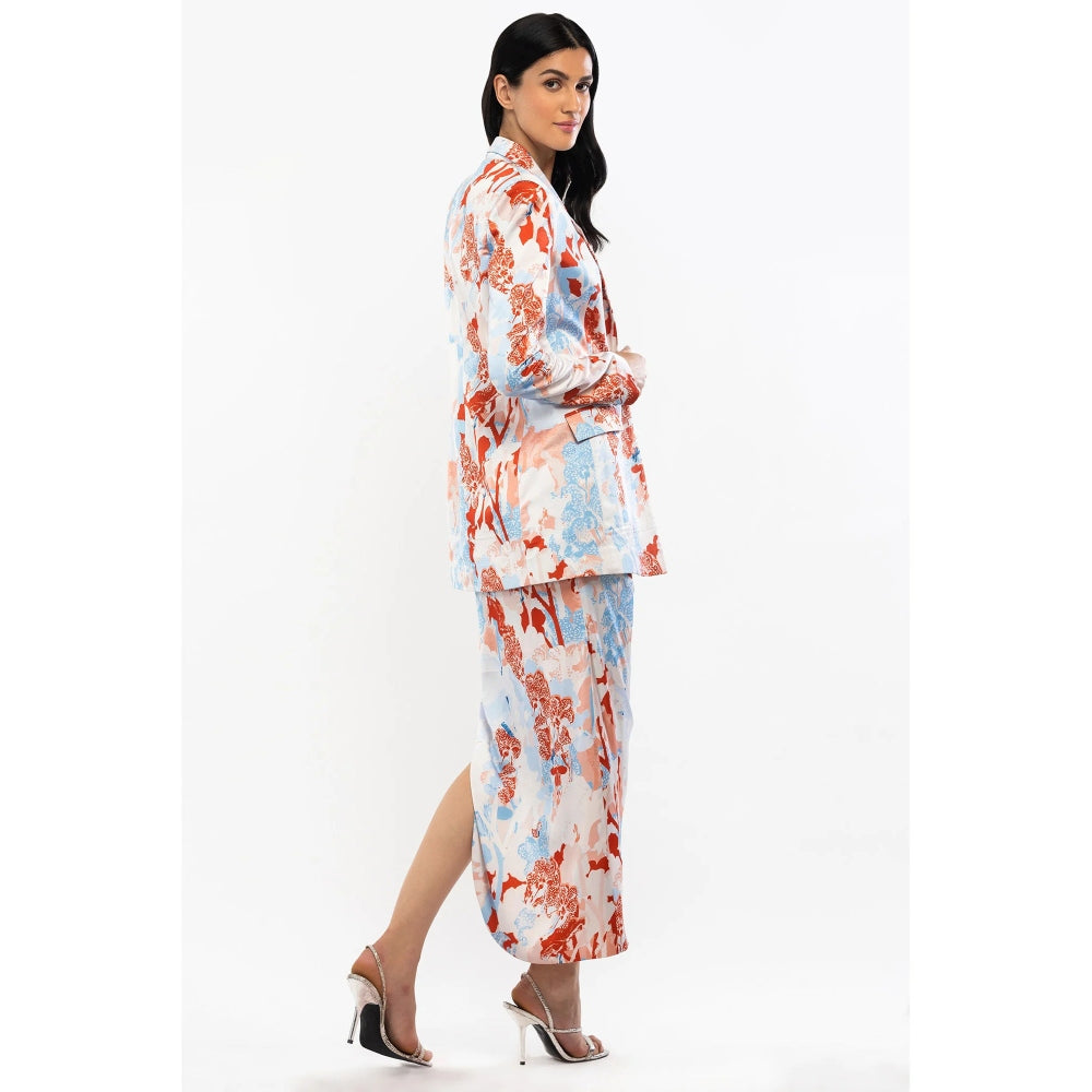MANDIRA WIRK Satin Printed Jacket with Cowled Skirt and Bustier Ivory & Orange (Set of 3)