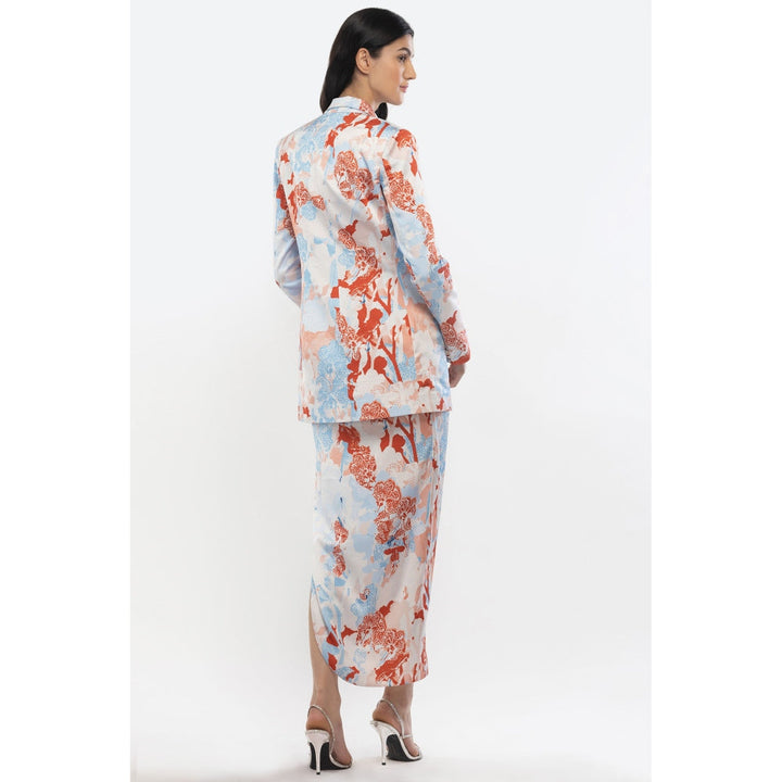 MANDIRA WIRK Satin Printed Jacket with Cowled Skirt and Bustier Ivory & Orange (Set of 3)