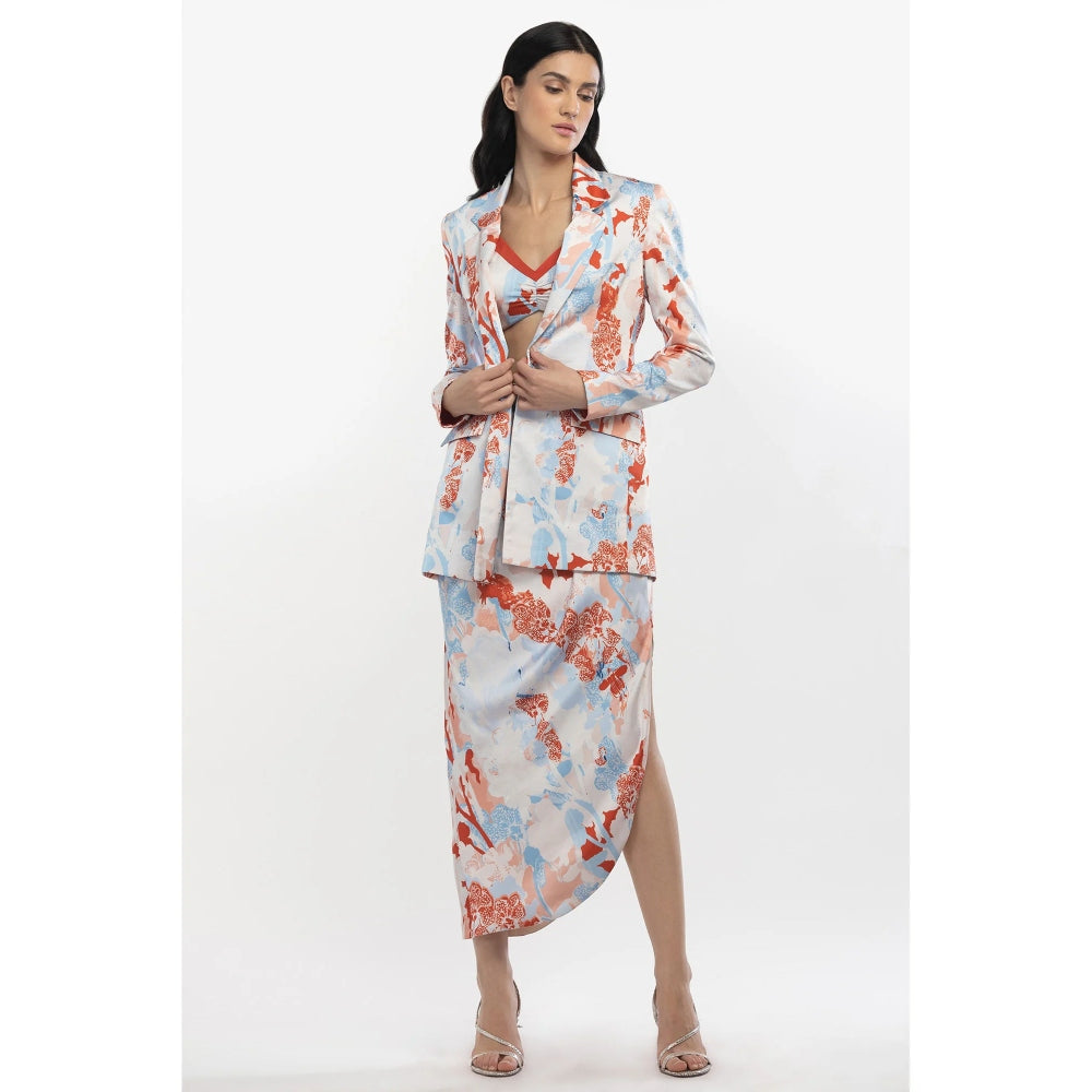 MANDIRA WIRK Satin Printed Jacket with Cowled Skirt and Bustier Ivory & Orange (Set of 3)