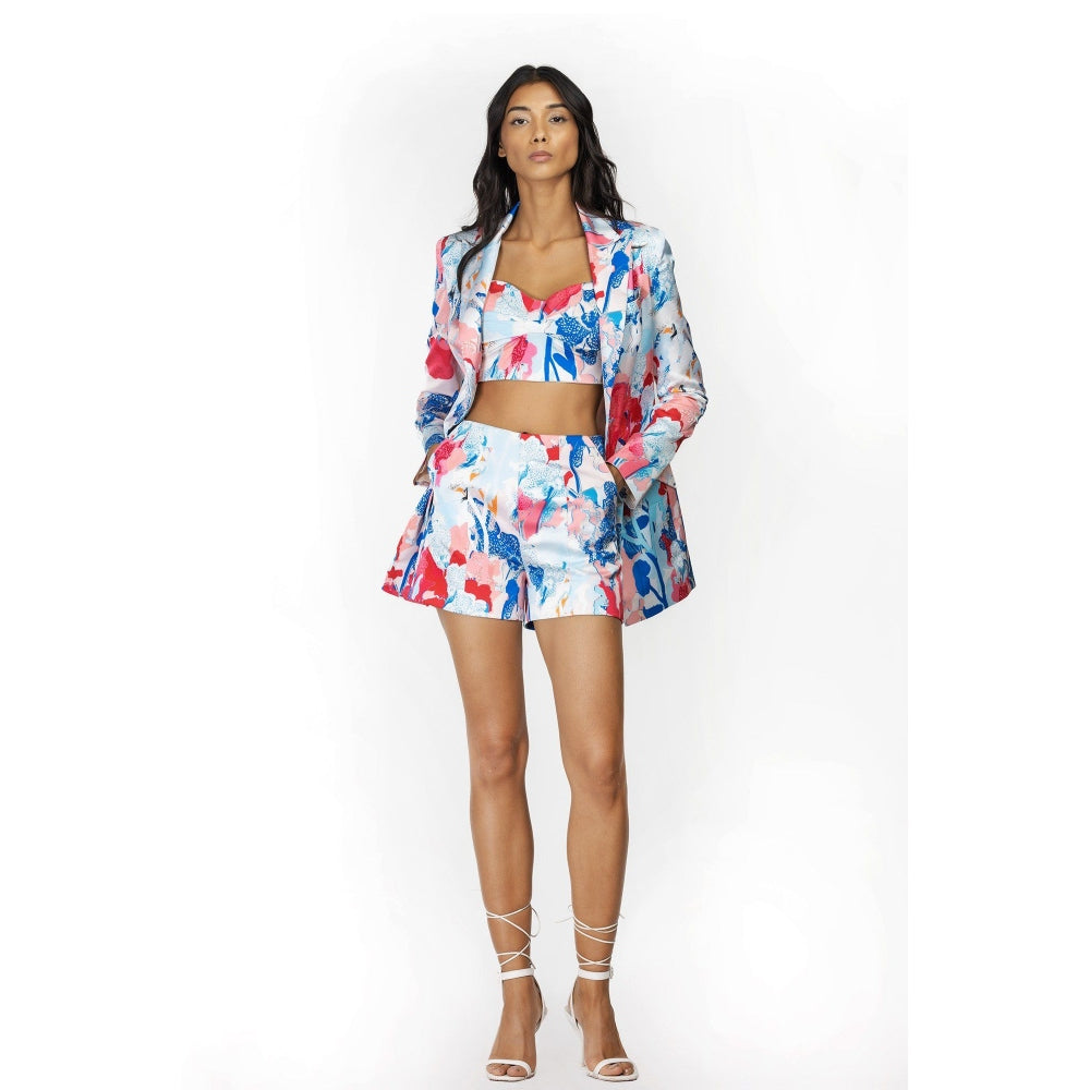 MANDIRA WIRK Satin Printed Jacket with Shorts and Bustier Ivory & Blue (Set of 3)