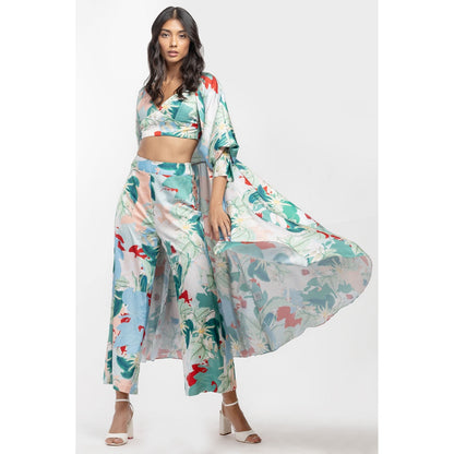 MANDIRA WIRK Satin Printed Jacket with Pants and Bustier Green (Set of 3)