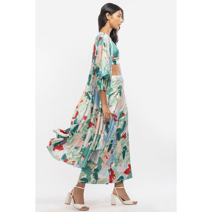 MANDIRA WIRK Satin Printed Jacket with Pants and Bustier Green (Set of 3)