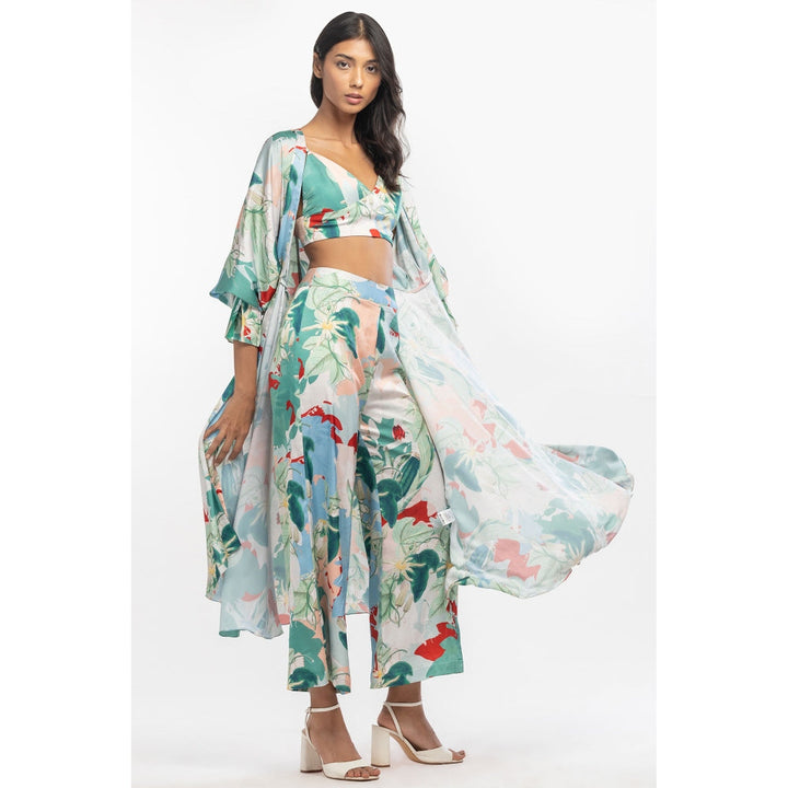 MANDIRA WIRK Satin Printed Jacket with Pants and Bustier Green (Set of 3)