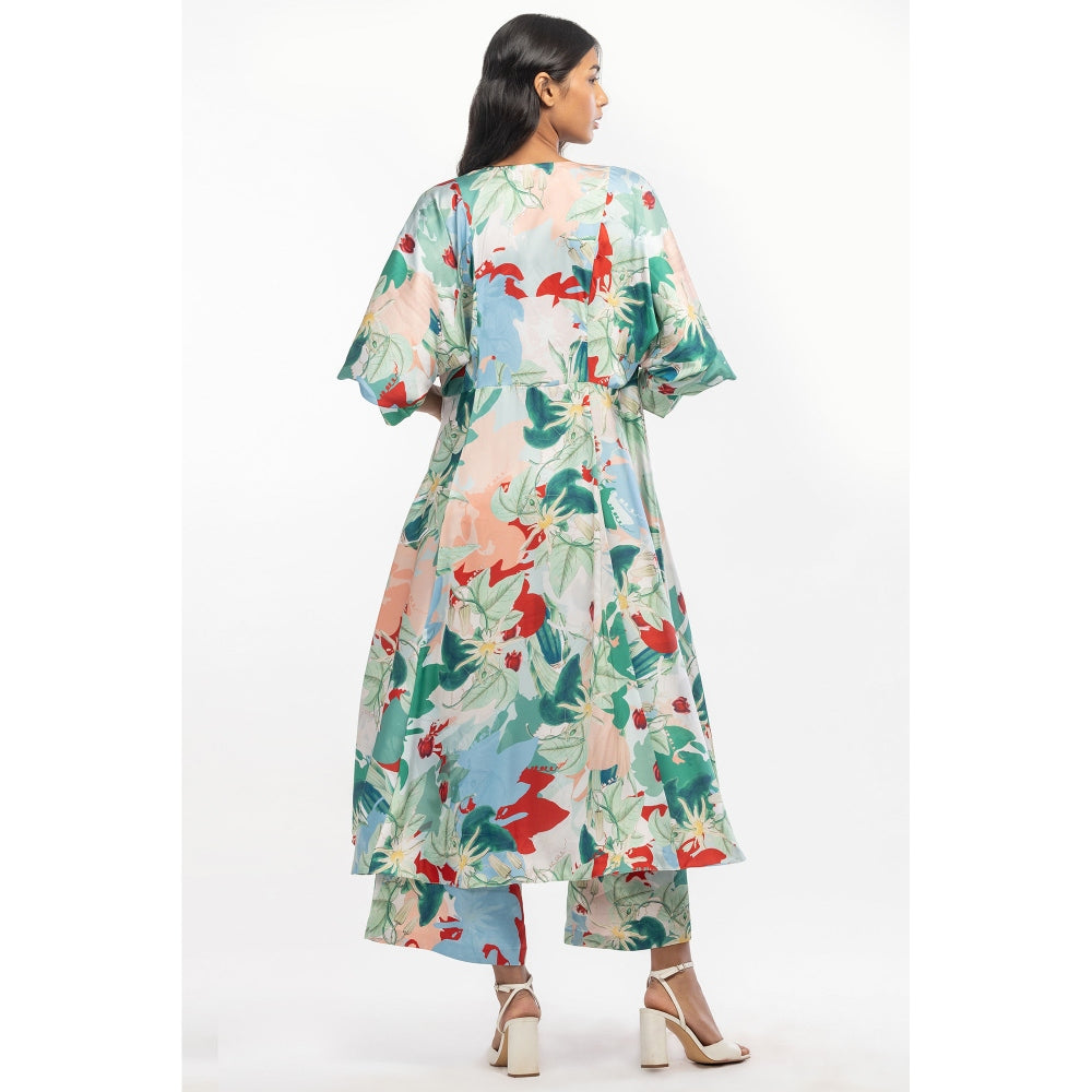 MANDIRA WIRK Satin Printed Jacket with Pants and Bustier Green (Set of 3)