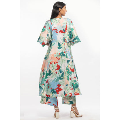 MANDIRA WIRK Satin Printed Jacket with Pants and Bustier Green (Set of 3)