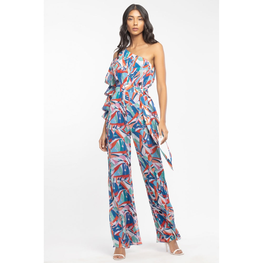 MANDIRA WIRK Chiffon Printed Jumpsuit with Belt Blue (Set of 2)