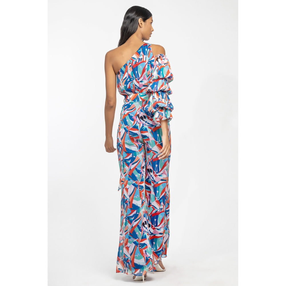 MANDIRA WIRK Chiffon Printed Jumpsuit with Belt Blue (Set of 2)