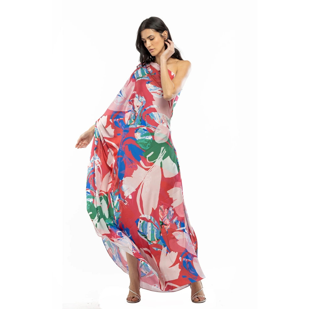 MANDIRA WIRK Satin Printed One Shoulder Kaftan Red & Beige