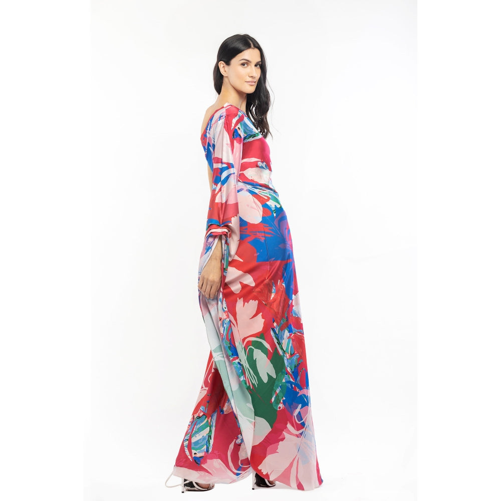 MANDIRA WIRK Satin Printed One Shoulder Kaftan Red & Beige