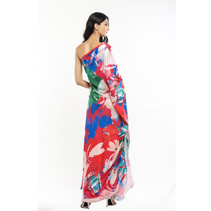 MANDIRA WIRK Satin Printed One Shoulder Kaftan Red & Beige