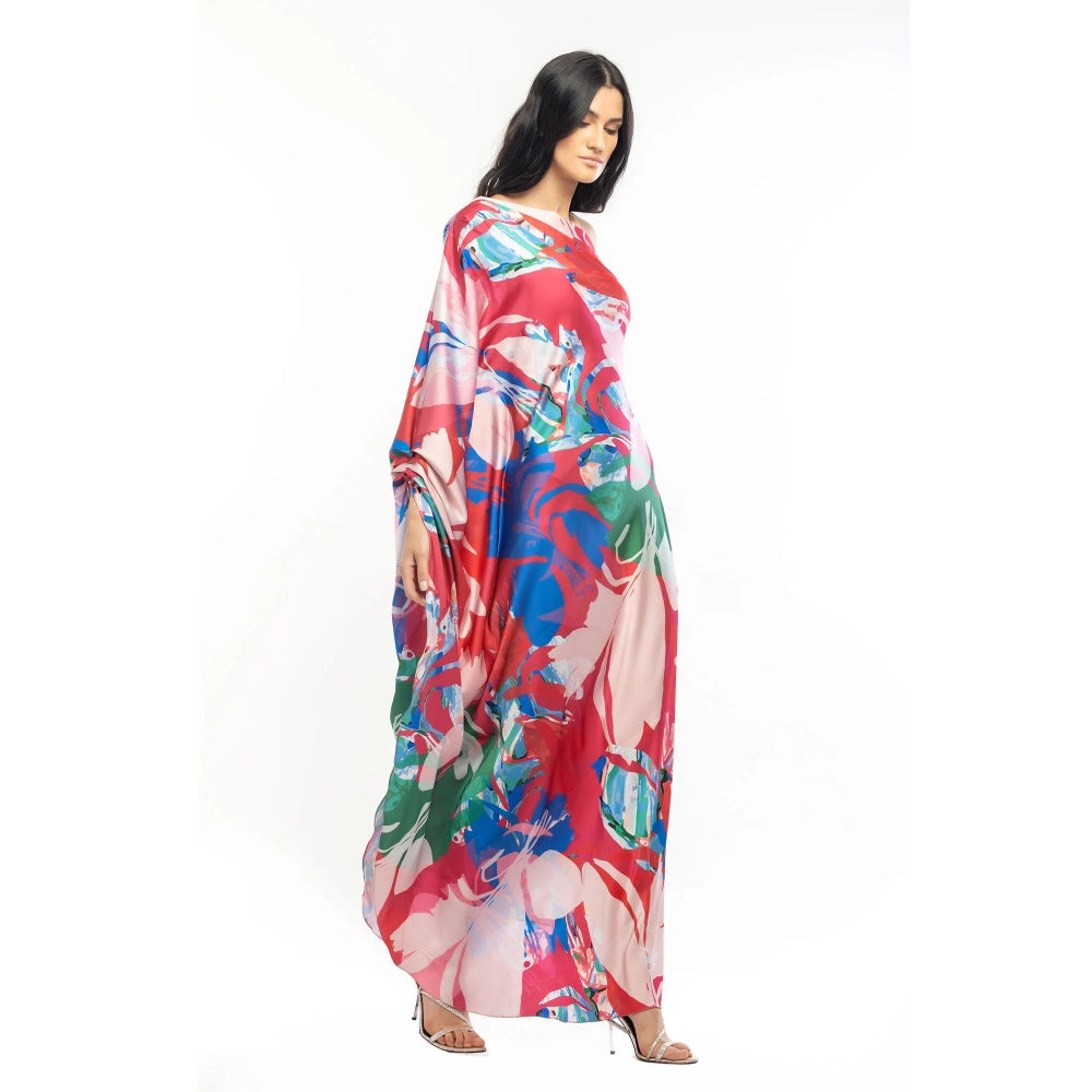 MANDIRA WIRK Satin Printed One Shoulder Kaftan Red & Beige