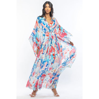 MANDIRA WIRK Chiffon Printed Pleated Kaftan with Belt and Slip Blue & Pink (Set of 3)