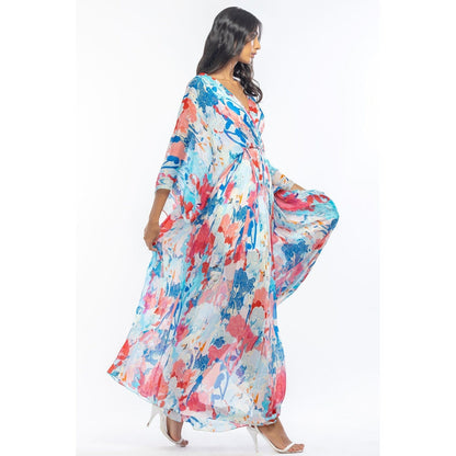 MANDIRA WIRK Chiffon Printed Pleated Kaftan with Belt and Slip Blue & Pink (Set of 3)