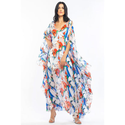 MANDIRA WIRK Chiffon Printed Kaftan with Slip Ivory & Blue (Set of 2)