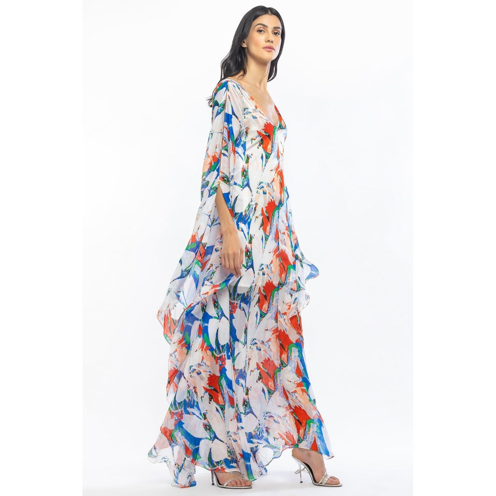 MANDIRA WIRK Chiffon Printed Kaftan with Slip Ivory & Blue (Set of 2)