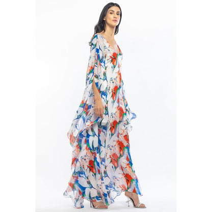 MANDIRA WIRK Chiffon Printed Kaftan with Slip Ivory & Blue (Set of 2)