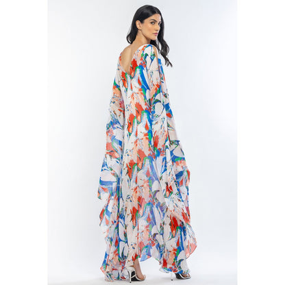 MANDIRA WIRK Chiffon Printed Kaftan with Slip Ivory & Blue (Set of 2)