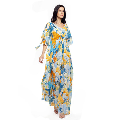 MANDIRA WIRK Cotton Lurex Printed Kaftan Yellow & Blue