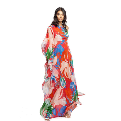 MANDIRA WIRK Cotton Lurex Printed One Shoulder Kaftan Red