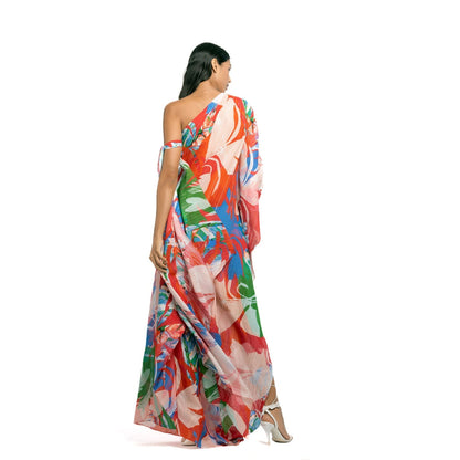 MANDIRA WIRK Cotton Lurex Printed One Shoulder Kaftan Red