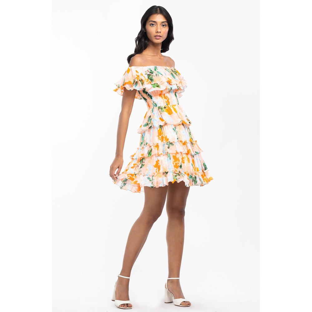 MANDIRA WIRK Chiffon Printed Short Dress Peach
