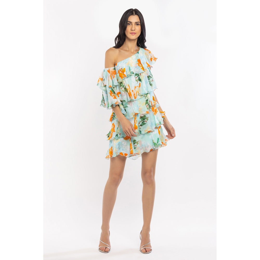 MANDIRA WIRK Chiffon Printed Tiered Short Dress Blue