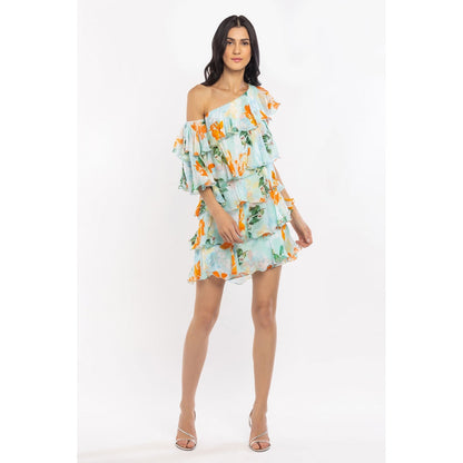 MANDIRA WIRK Chiffon Printed Tiered Short Dress Blue