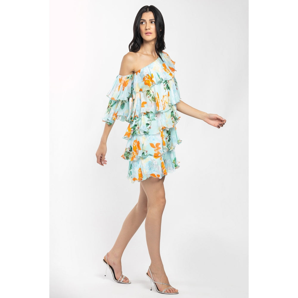 MANDIRA WIRK Chiffon Printed Tiered Short Dress Blue