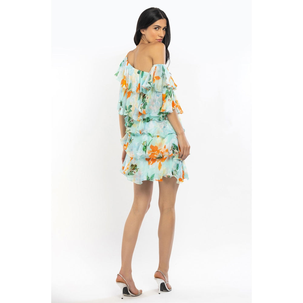 MANDIRA WIRK Chiffon Printed Tiered Short Dress Blue