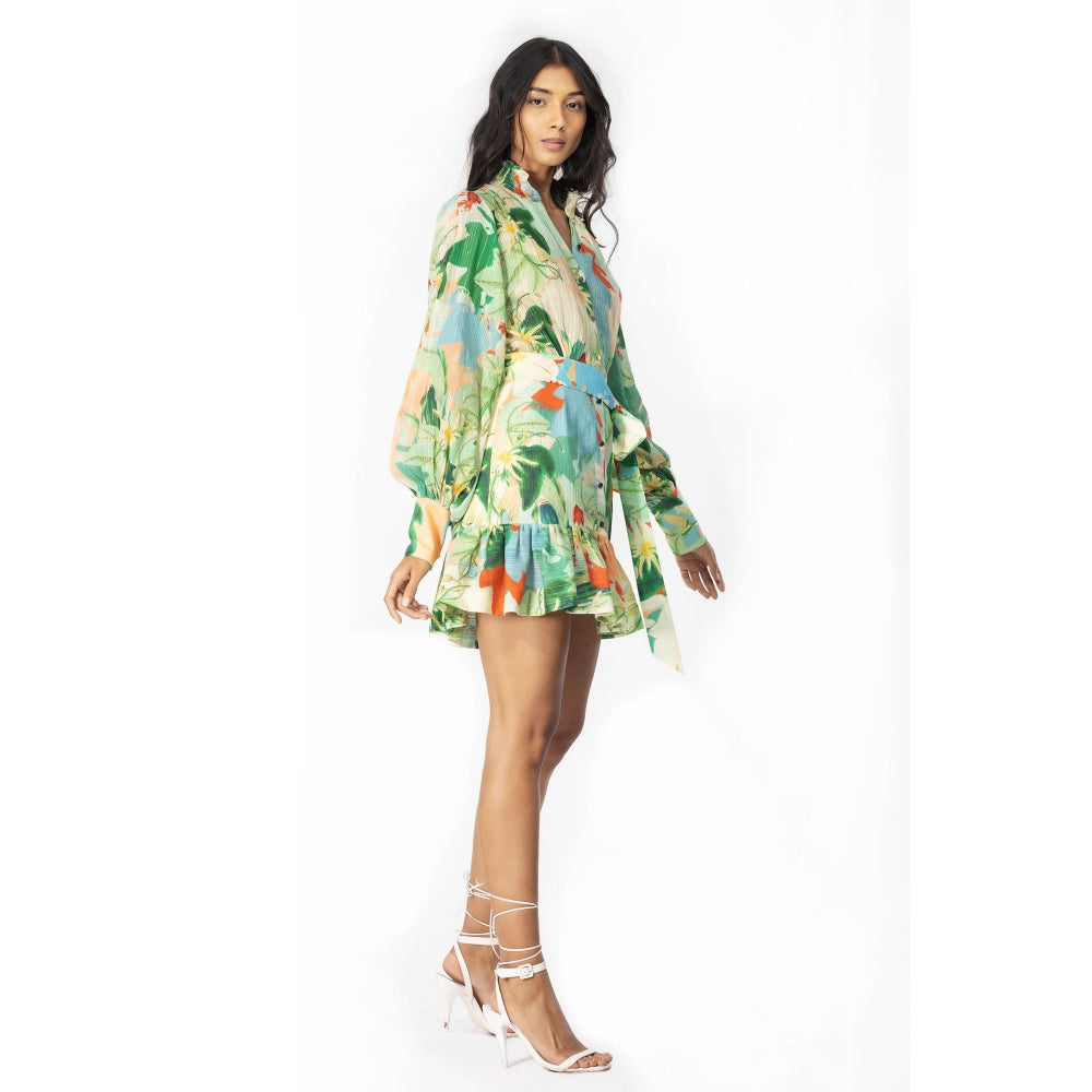 MANDIRA WIRK Cotton Lurex Printed Shirt Dress & Belt Green (Set of 2)