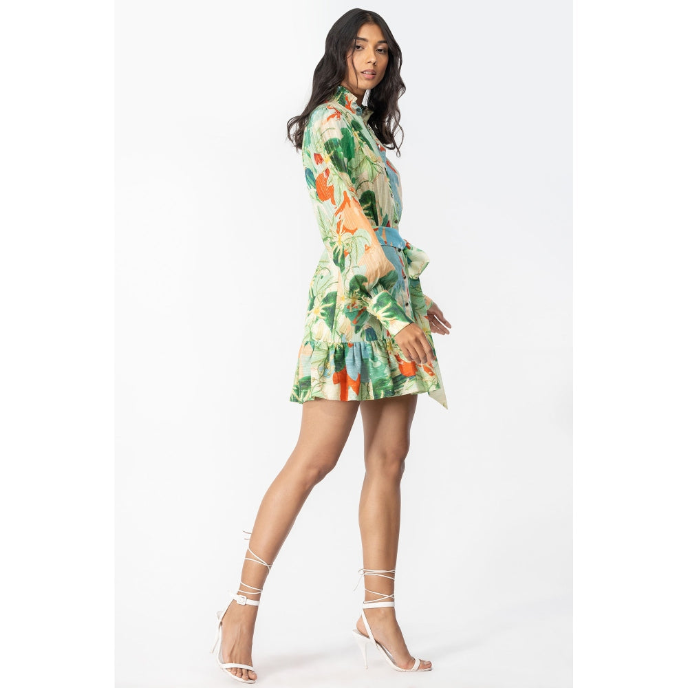 MANDIRA WIRK Cotton Lurex Printed Shirt Dress & Belt Green (Set of 2)