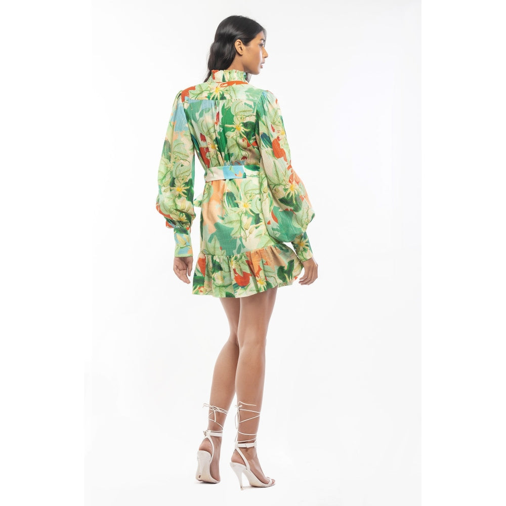 MANDIRA WIRK Cotton Lurex Printed Shirt Dress & Belt Green (Set of 2)