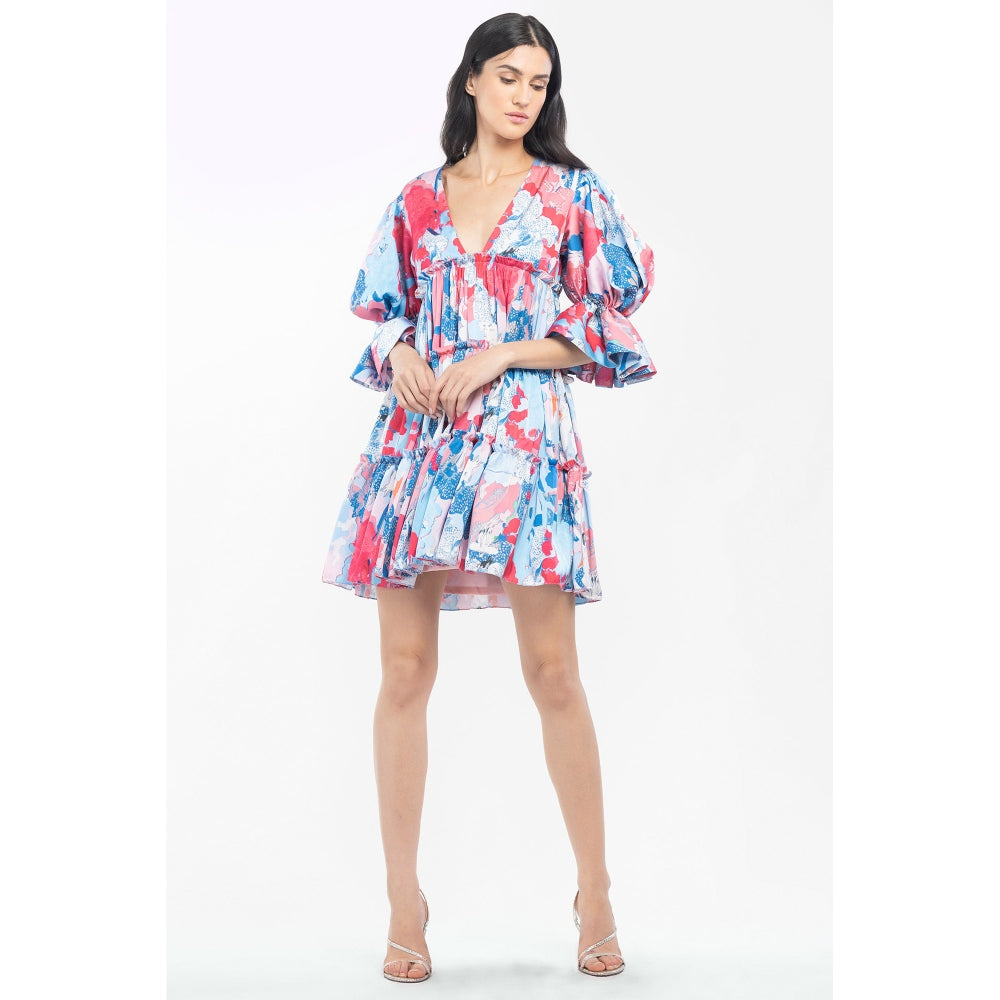 MANDIRA WIRK Satin Printed Short Tiered Dress Pink & Blue