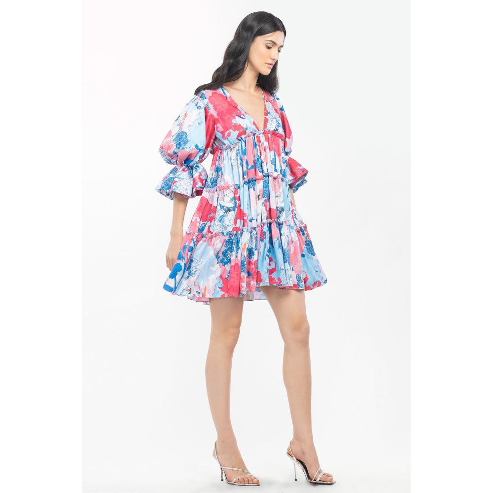 MANDIRA WIRK Satin Printed Short Tiered Dress Pink & Blue