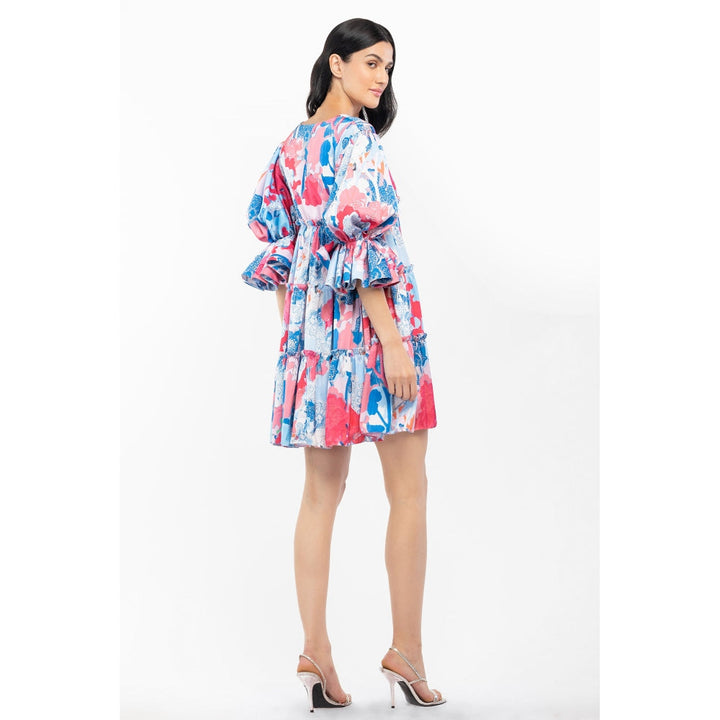 MANDIRA WIRK Satin Printed Short Tiered Dress Pink & Blue