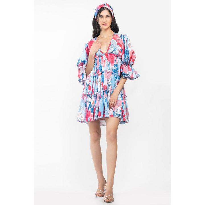 MANDIRA WIRK Satin Printed Short Tiered Dress Pink & Blue