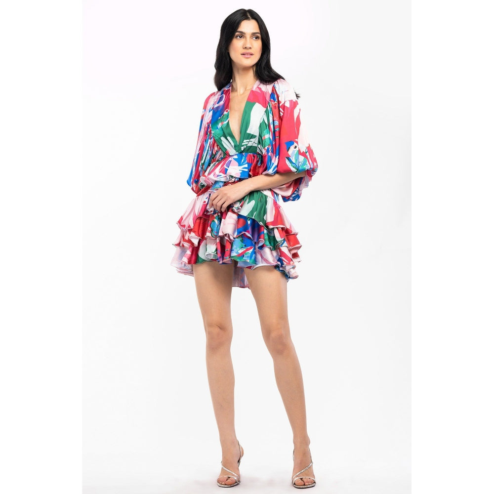 MANDIRA WIRK Satin Printed Short Layered Dress Multi-Color