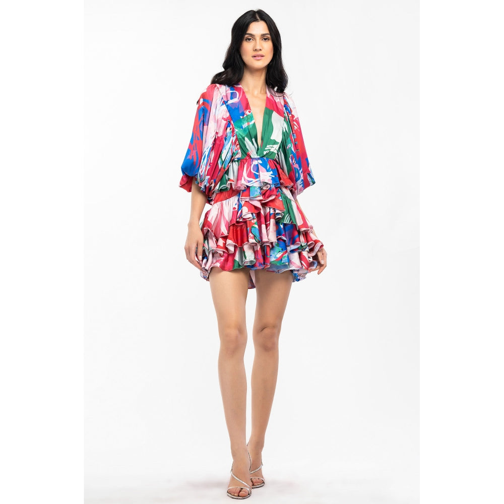 MANDIRA WIRK Satin Printed Short Layered Dress Multi-Color