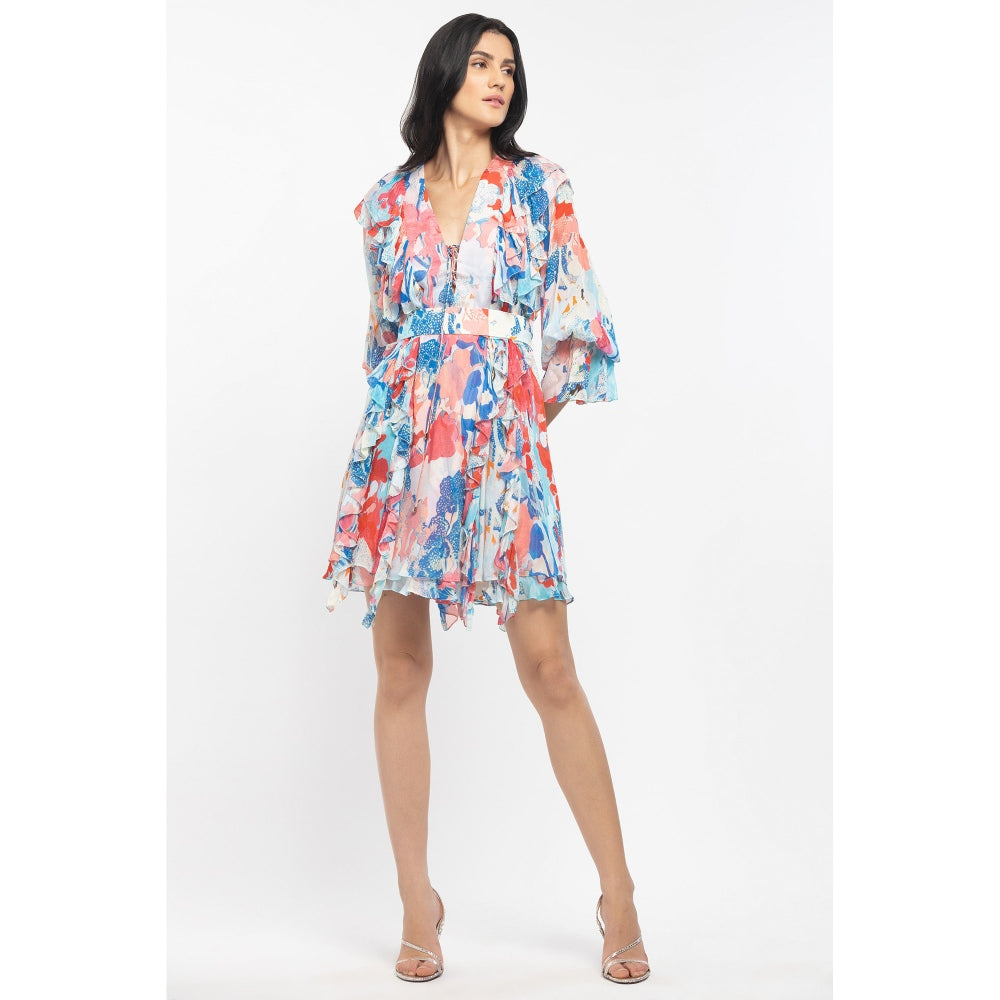 MANDIRA WIRK Chiffon Printed Short Frilled Dress with Belt Pink & Blue (Set of 2)