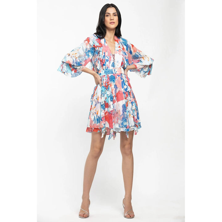 MANDIRA WIRK Chiffon Printed Short Frilled Dress with Belt Pink & Blue (Set of 2)