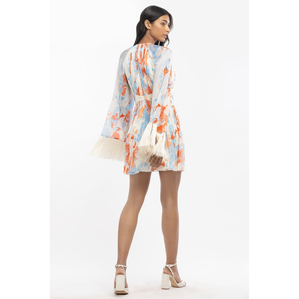 MANDIRA WIRK Chiffon Printed Short Dress Ivory & Orange